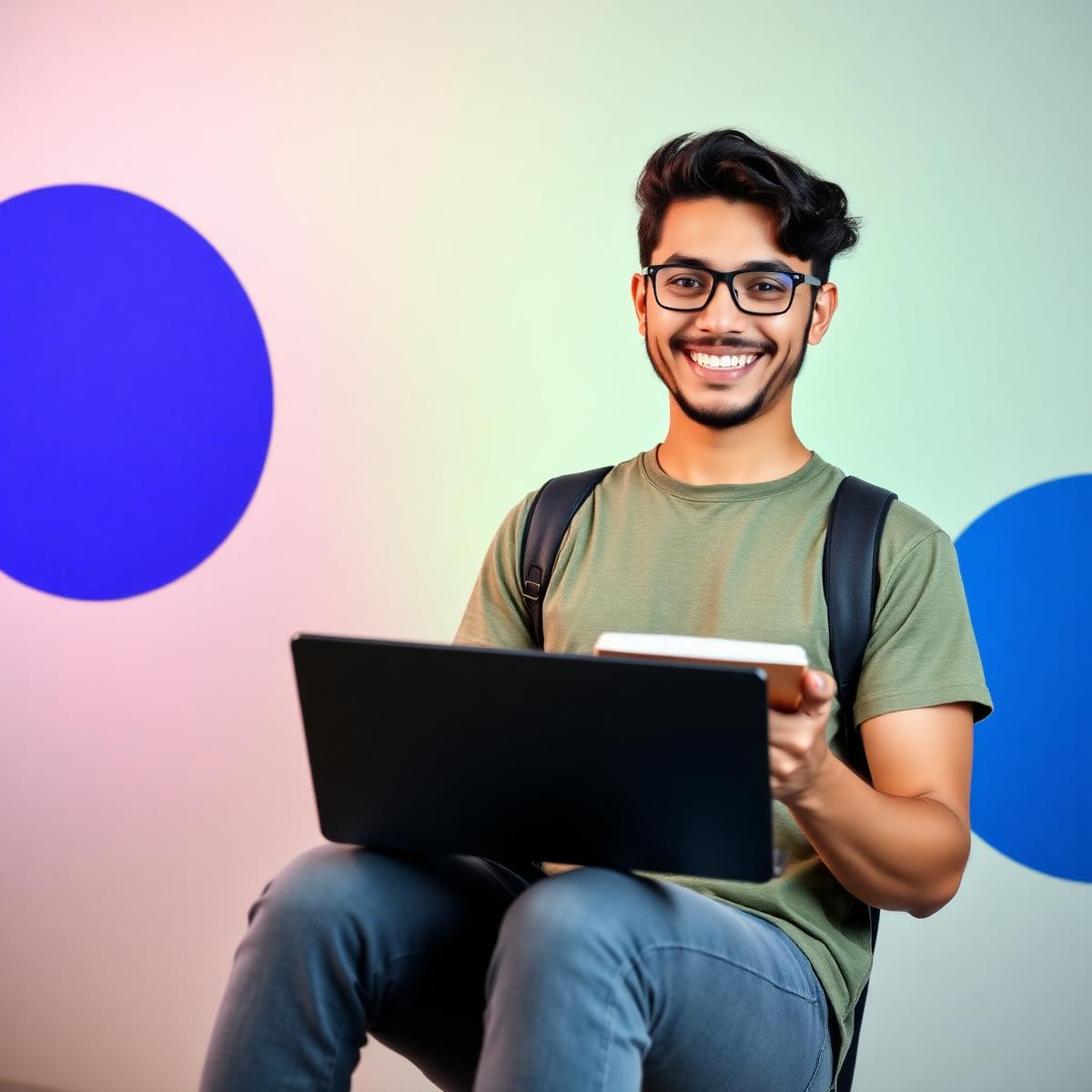 Estudante sorrindo estudando com notebook para o ENEM